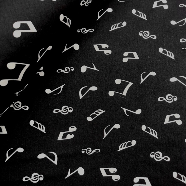 100% Cotton - White on Black Musical Notes